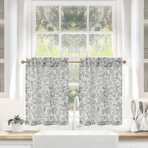 DriftAway Kitchen Curtain Floral Tier Linen Short Watercolor Flower Patterned Cafe Curtains 36 Inch Length for Living Room Bathroom Julia Farmhouse Rustic Drapes Rod Pocket 2 Panels Gray