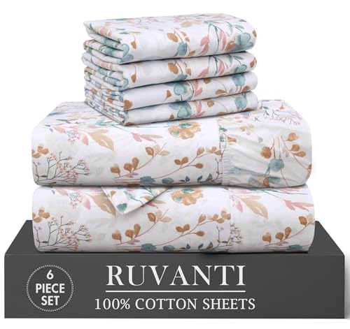"RUVANTI 6 Pcs Cotton Sheets - 100% Natural Cotton Soft, Lightweight & Breathable Crispy Percale Bed Sheets, Queen Sheet Set 16"" Deep Pockets, Radiant"
