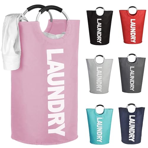 Mziart Large Laundry Basket with Padded Handles, Oxford Fabric Laundry Hamper Tall Laundry Bag Clothes Hamper Laundry Bin Storage Organizer for Bedroom Bathroom College Dorm (82L Pink)