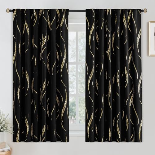 Yakamok Blackout Curtains for Livingroom - Wave Line with Dots Gold Print Design Noise Reducing Thermal Insulated Solid Back Tab Blackout Window Drapes for Livingroom (2 Panels, 52 x 63 Inch, Black)