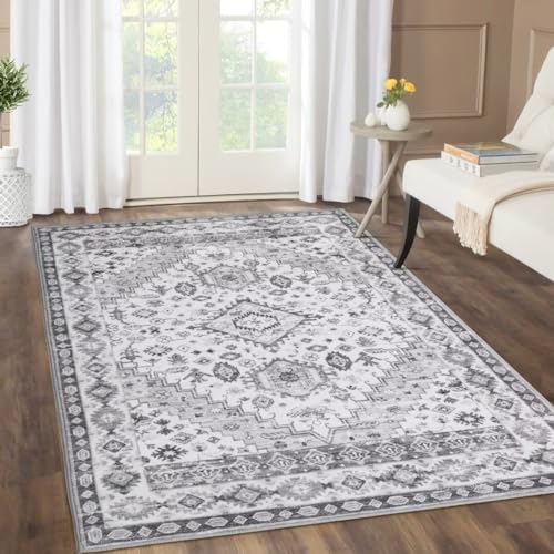 Zstar Rugs, Stain Resistant Washable Rug, Lint Free Rugs for Living Room, Bedroom, Non-Slip Backing, Home Decoration, Area Rug, Grey, 120 x 170 cm