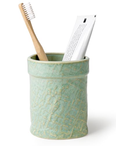 "Toothbrush Holder, Tooth Brush Holder for Bathroom - Ceramic Toothbrush Cup Toothbrush Holders Countertop, Makeup Brush Holder Pen Holder, 3.54"" x 3.54"" x 4.33"", Green, ANTIS'S HOME"