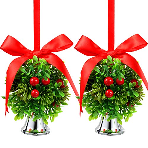 Chuangdi 2 Pieces Christmas Mistletoe Hanging Balls Holiday Artificial Mistletoe Balls Xmas Kissing Ball Decorations with Bow Knots and Bells for Home Christmas Party Decor, 5 Inch