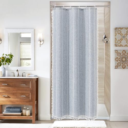 MitoVilla Blue Small Stall Shower Curtain 36 x 72, Half Size Narrow Cotton Linen Heavy Fabric Shower Curtains for Boho Farmhouse Bathroom Decor, Wrinkle Resistant Cloth Shower Curtain