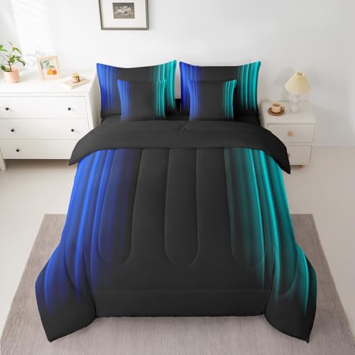 Feelyou Teens Abstract Ombre Decorations Bed in a Bag for Kids Women Blue Teal and Black Comforter Set with Sheets Geometric Modern Bed Set Room Queen Size