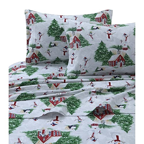 Tribeca Living 100% Cotton Flannel Sheet Set - Deep Pocket, 170-GSM, Ultra Soft & Cozy Bedding for Winter, Twin, Snowman Red/Green