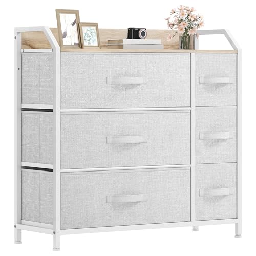 DWVO Chest of Drawers,Fabric Chest of Drawers Bedroom Cabinet with 6 Drawers,Dresser for Bedroom,Living Room With Handles,Wood Top and Sturdy Steel Frame,Light Grey