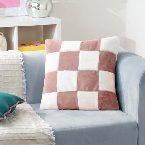 furn. Heya Home Cozee Check Faux Fur Cushion – Ultra-Soft Checkerboard Design Polyester Filled (Pink – 50 x 50 cm, Pack of 1)