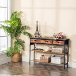 FurnitureR Wood and Metal Reception Desk, 110cm Length, 80cm Height, 30cm Depth, 3 Drawers with USB Charging Ports