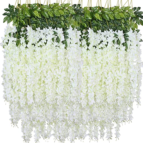Artificial Wisteria Hanging Flowers, Fake Wisteria Flower Garland Silk Vines Rattan String Decor for Home Wedding Arch Wall Garden Greenery Bedroom Outdoor Office Party Decoration (12, White)