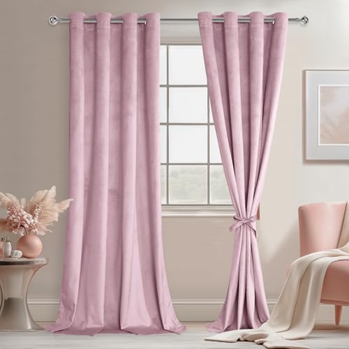 JIUZHEN Pink Velvet Curtains 108 inches for Living Room - Privacy Protect Room Darkening Grommet Thick Velvet Window Drapes for Bedroom, Set of 2 with Tiebacks, 52W x 108L