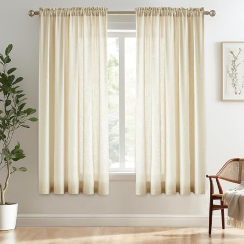 "Melodieux Beige Semi Sheer Curtains 54 Inches Long, Bedroom Short Sheer Curtains, Faux Linen Farmhouse Light Filtering Rod Pocket Shiny Sheer Drapes Home Office, 52"" W x 54"" L, 2 Panels"