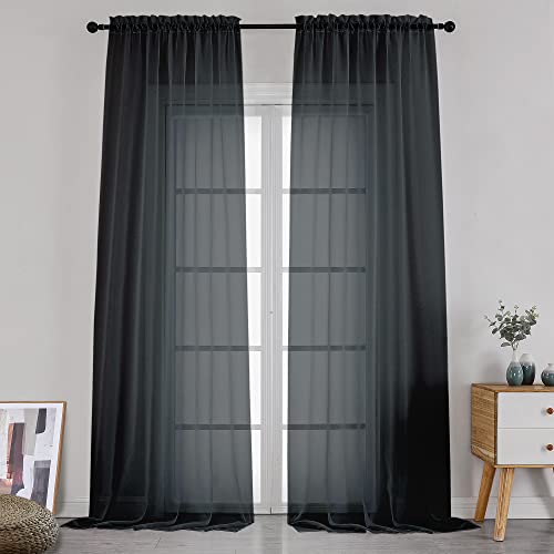 Simplebrand Black Sheer Curtains 120 Inches Long, Extra Long Rod Pocket Solid Color Window Sheer Curtain Panels, Elegant Curtains & Drapes for Living Room, Bedroom 2 Panels (Black, 2x42x120'')