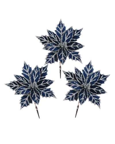 WeRChristmas Set of 3 Navy Glitter Poinsettias, 15cm - Set of 3 navy 15cm glitter poinsettias with layered petals for Christmas trees, wreaths, garlands and arrangements