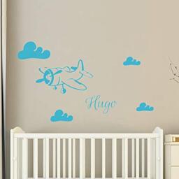 Personalised Name Stickers - Airplane in the Clouds Sticker - Wall Decoration for Child's Room - 2 Sheets of 35 x 25 cm and 40 x 25 cm - Sky Blue