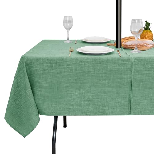 LUSHVIDA Outdoor Tablecloth with Umbrella Hole - Patio Table Cloth Zippered Rectangle 52x70 Inch, Sage Green Faux Linen Table Cover Water Resistant for Picnic Outside