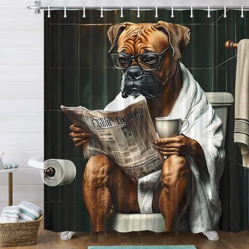 JAWO Funny Shower Curtain for Bathroom Funny Dog Bath Shower Curtain,Cute Dogs Reading Newspaper on Toliet Bathroom Curtain Washable Cloth Kids Shower Curtain Sets with 12 Hooks for Bathroom 72X84