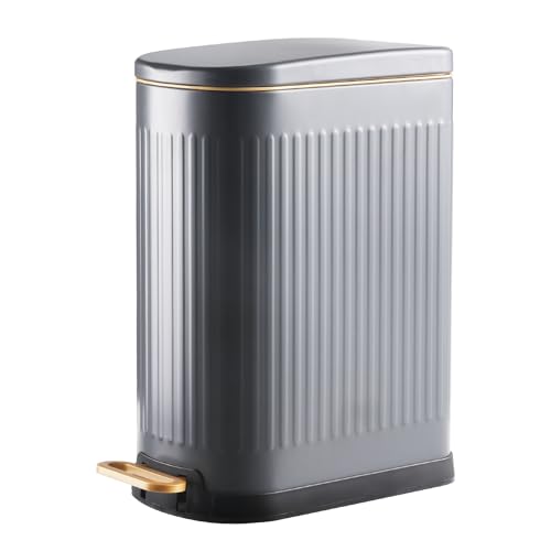 SYNCVIBE Slim Bathroom Trash Can with Soft Close Lid Stainless Steel Garbage Can Step Trash Bin with Removable Inner Bucket for Bedroom, Office, Kitchen (Matt Grey, 3.5 Gallons)