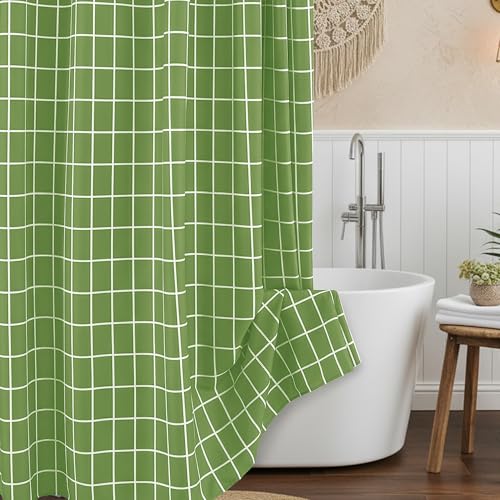 Biscaynebay Sage Green Shower Curtain for Bathroom-Fabric Modern Farmhouse Faux Linen Textured Grid Plaid Shower Curtains, Minimalist Simple Geometric Neutral Decor Machine Washable-70x72 Inches