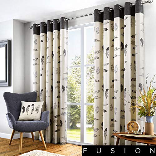 "Fusion - Natural Cream Feather Curtains W90 x L90"" (229 x 229cm) - 100% Cotton - 2x Panels - Eyelet Curtains in Beige Cream - Drapes & Curtains for Bedroom & Living Room - Bird Feather Curtains"