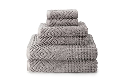 Texere 100% Organic Cotton Diamond Jacquard 700 GSM Luxury Bath Towel Sets - 2 Ultra Soft, Large Bath Towels, 2 Hand Towels, 2 Washcloths (Diamond, Cathedral Gray, 6 Piece)