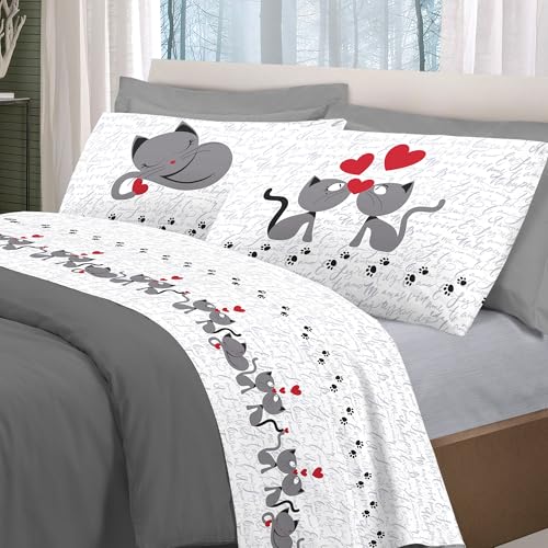 PENSIERI DELICATI Double Bed Set 100% Cotton, Double Bed Sheet Set, 180 x 200 cm, Including Bottom Sheet, Top and 2 Pillowcases, Made in Italy, Grey Cats Design