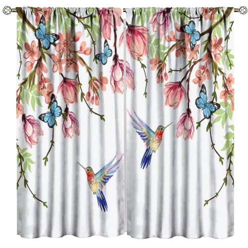 GoDazzling Spring Watercolor Flower Hummingbird Blackout Window Curtains, Butterfly Floral Bird Nature Theme Rod Pocket Window Drapes, for Living Room Bedroom 42x63in 2 Panels