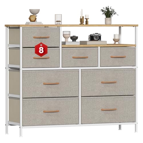 GoaHi 8 Drawer Fabric Chest of Drawers, Wide Metal Frame Storage Unit, Open Compartment MDF Top Clothes Organiser Cabinet for Bedroom Living Room Hallway, Khaki
