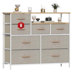 GoaHi 8 Drawer Fabric Chest of Drawers, Wide Metal Frame Storage Unit, Open Compartment MDF Top Clothes Organiser Cabinet for Bedroom Living Room Hallway, Khaki