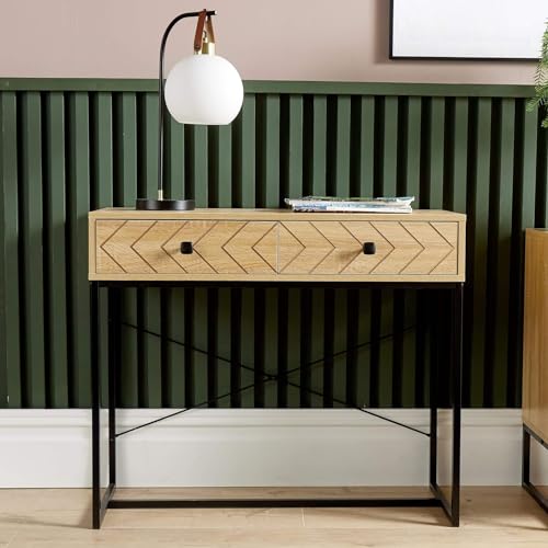 Home Source Aztec 2 Drawer Console Side Table Compact Sideboard, Oak Effect