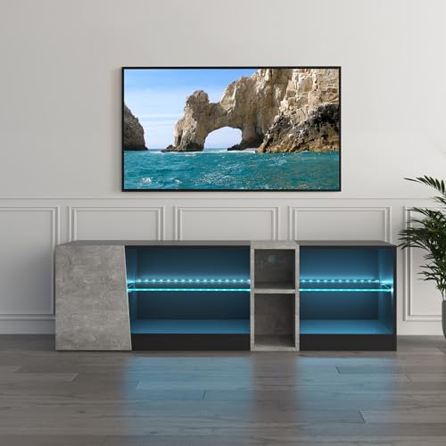 Mondeer TV Unit, TV Stand Cabinet with Led Lights 5 Open Compartments and 1 Door, for 55inch TVs, for Living Room and Bedroom, W140 x H45 x D37.5 cm, Black and Grey