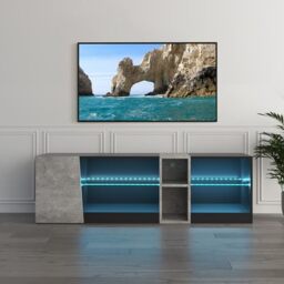 Mondeer TV Unit, TV Stand Cabinet with Led Lights 5 Open Compartments and 1 Door, for 55inch TVs, for Living Room and Bedroom, W140 x H45 x D37.5 cm, Black and Grey