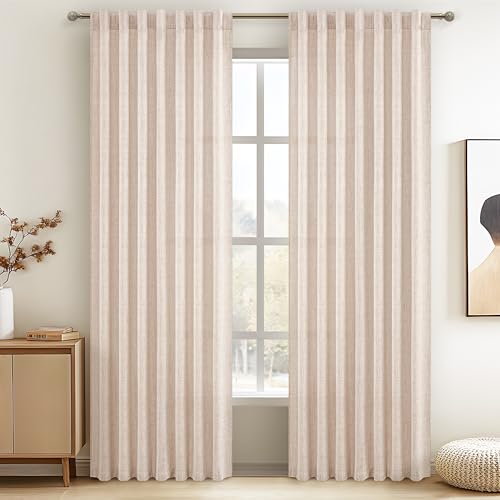 "Thick Burlap Curtains 84 Inch Length 2 Panels for Living Room, Country Boho Natural Linen Oatmeal Beige Blend Pleated Sheer Curtain for Bedroom Light Filtering Privacy Window Drapes Back Tab 52""Wx84""L"