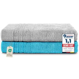 Komfortec Jumbo Bath Towels, 100% Cotton, Quick Dry, 80x200, Silver & Turqoise