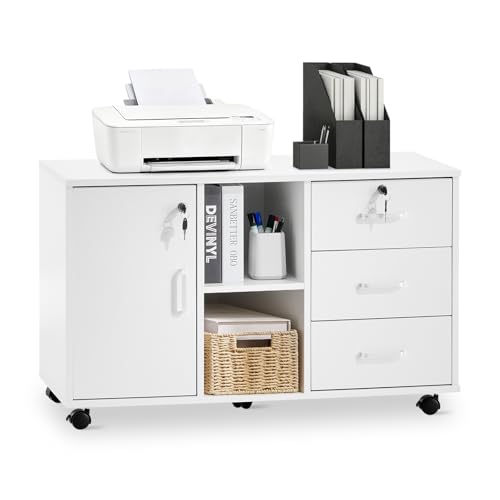 TUKAILAi Mobile File Cabinet with 3 Drawers and Lockable Cupboard, White
