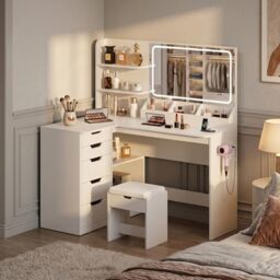 JUMMICO Dressing Table with LED Mirror,Adjustable Brightness,Vanity Table with Large Storage,Makeup Desk with 7 Drawers and 4 Shelves,Modern White
