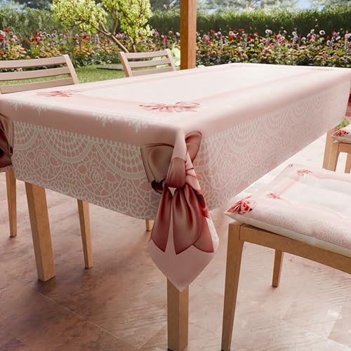 PETTI Artigiani Italiani - Stain Resistant Tablecloth Rectangular 140x300 cm 14 Seats, Wipe Clean Microfibre Kitchen Table Cover, Pink Bow Shabby Chic Design, 100% Made in Italy