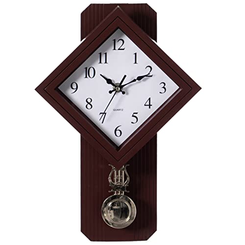 Clockswise Traditional Brown Square Wood- Looking Pendulum Plastic Wall Clock for Living Room, Kitchen, or Dining Room