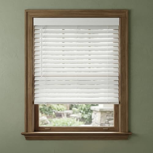 "Lumino 2"" Faux Wood Blinds - Textured Slat, 32"" W x 64"" L White - Cordless, Traditional Crown Valance, Custom Sizes"