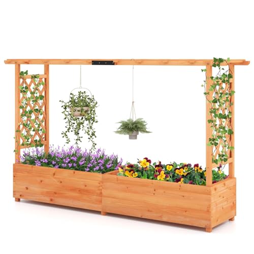 GiantexUK Raised Garden Bed with Arch Trellis (Orange, 200x44x114cm) - Wooden Garden Planter Box with Drainage Holes, Climbing Plants Vines Vegetables Herbs Flower Pots Grow Box
