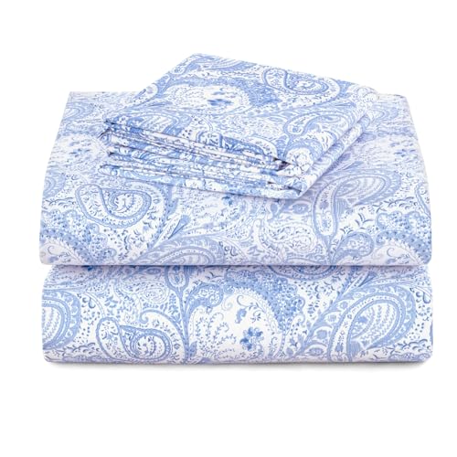 Hannah Linen Paisley King Sheet Set, 4 PC Soft Microfiber Wrinkle Free Sheets - Luxurious Printed Bed Sheets Includes Flat Sheet, Fitted Sheet with Deep Pockets, & 2 Pillowcases - Whit Blue