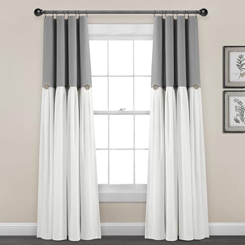 "Lush Decor Linen Button 100% Lined Blackout Farmhouse Curtains, Single Panel, 40"" W x 84"" L, Dark Gray & Off-White"