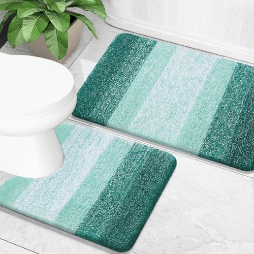 "OLANLY Bathroom Rug Set 2 Piece, Soft Absorbent Microfiber Bath Mats and U-Shaped Contour Toilet Rug, Non-Slip, Machine Wash Dry, Plush Shaggy Bath Mats for Bathroom (24""x16""+24""x20"", Blackish Green)"