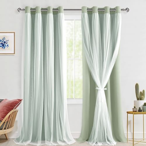 Hiasan Double Layer Blackout Curtains 108 inches Long Thermal Insulated Sheer Curtains for Bedroom Living Room, 2 Drape Panels with Tiebacks, Seafoam, 52W X 108L