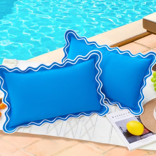 12x20 Light Blue Scalloped Outdoor Lumbar Pillow Covers Waterproof & Sunproof Set of 2, Embroidered Blue Decorative Outdoor Pillows for Porch & Patio Furniture, Beach Decor Aesthetic Lumbar Pillows