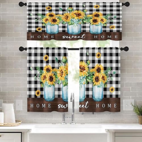 Tayney Farmhouse Sunflowers Kitchen Window Curtains Valance and Tier Set 36 Inch, Home Sweet Home Country Rod Pocket Short Tier Curtain for Bathroom, Summer Small Cafe Drapes for Kitchen Decor