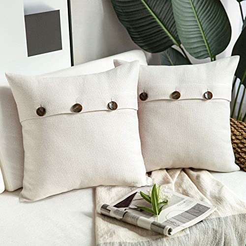 "Phantoscope Set of 2 Decorative Button Linen Series Off-White Throw Pillow Case Cushion Cover 18"" x 18"" 45 x 45 cm"
