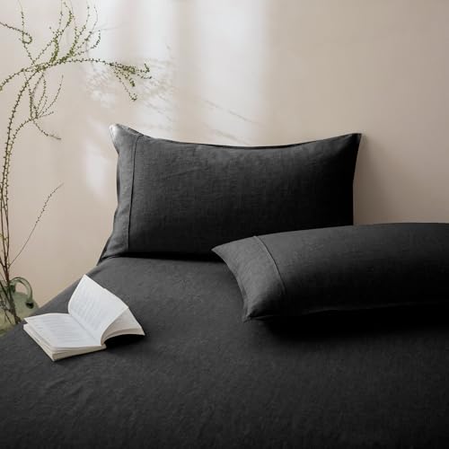 Talasily 100% French Flax Linen Pillowcase Envelope Closure,Standard Size Set of 2 - Stone-Washed Pre-Softened,Hypoallergenic & Wrinkle-Resistant,No Zipper Cooling Bedding-Dark Grey