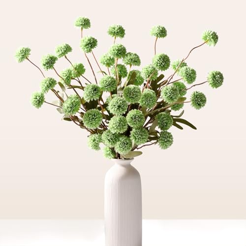 Waipfaru 10pcs Green Fake Flowers, Artificial Pompon Mums - Bulk Faux Chrysanthemums Flowers for Indoor Home Decorations, Boho Decor, No vase