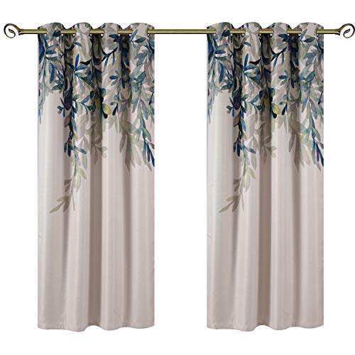 "Taisier Home 63"" Willow Leaves Blackout Curtains - Digital Print Grommet Top Drapes, Thermal Insulated for Living Room Bedroom, 2 Panels Stylish Decorative Window Treatments"